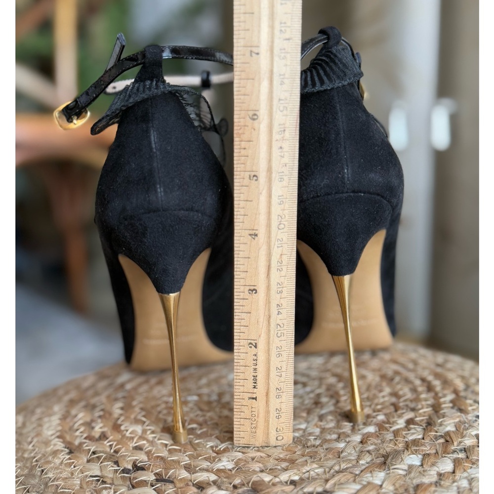 Black suede heels t-strap unique elegant classy pumps pointy toe shoes - Picture 5 of 13